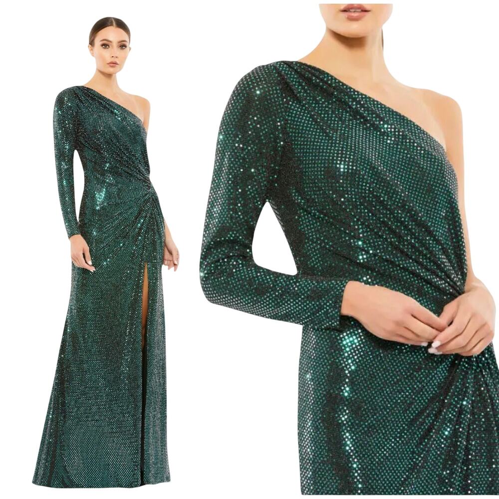 Mac Duggal NWT Green Metallic One Sleeve Draped Sequin Gown Size 12 Side Slit